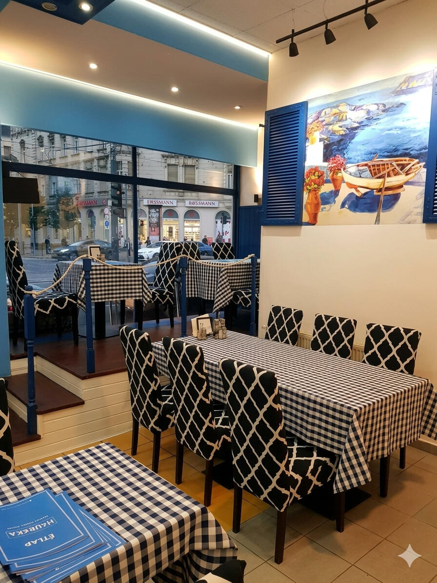 Heureka vendégtér Budán Vendégtér a Heureka Original Greek Food görög étteremben Budán