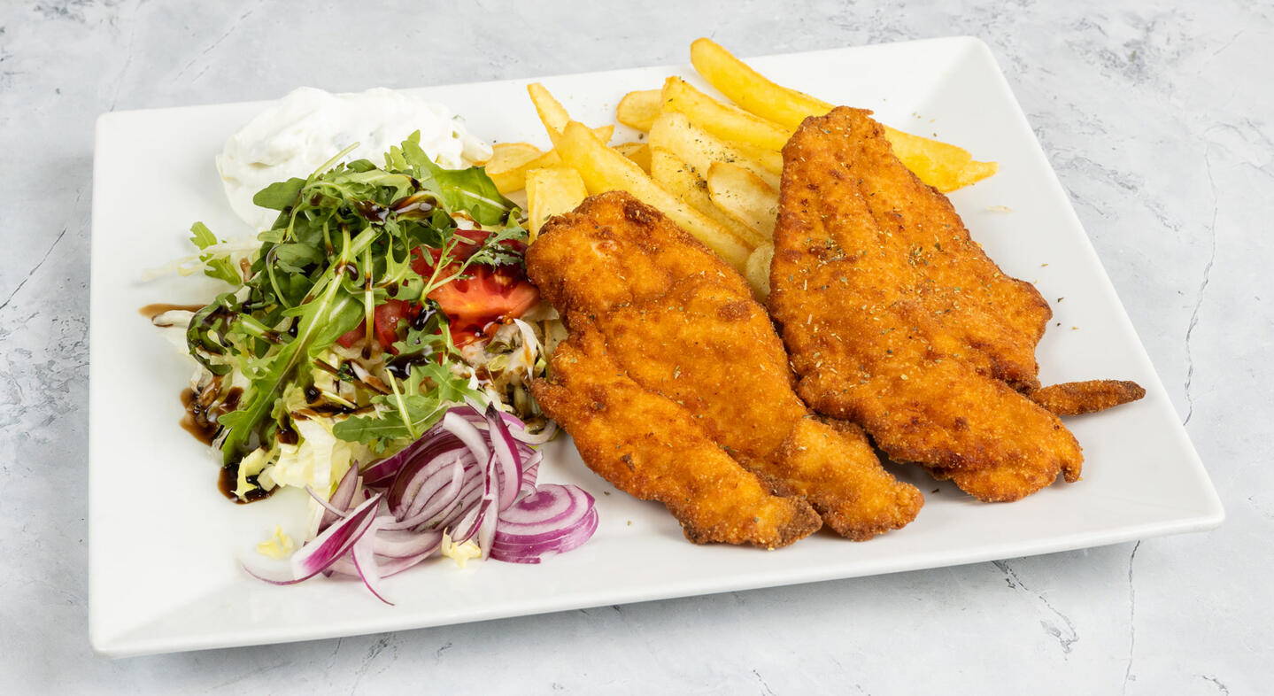 Rántott hús tál Budapesten Rántott hús tál görög körettel a Heureka Original Greek Food kínálatában